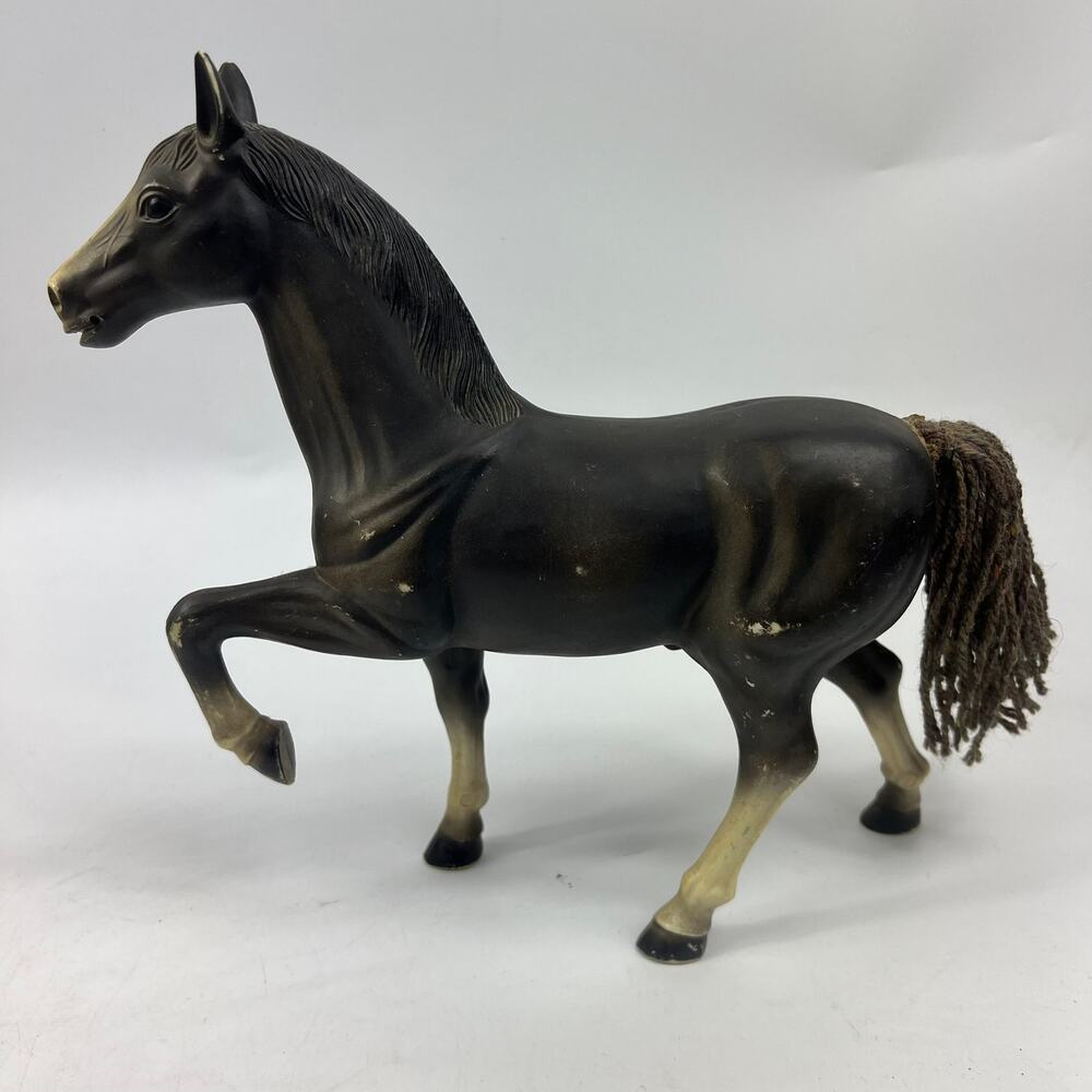 Vintage KT 1970s Black Rearing Plastic Horse Figure Toy Yarn Tail Hong Kong 10"